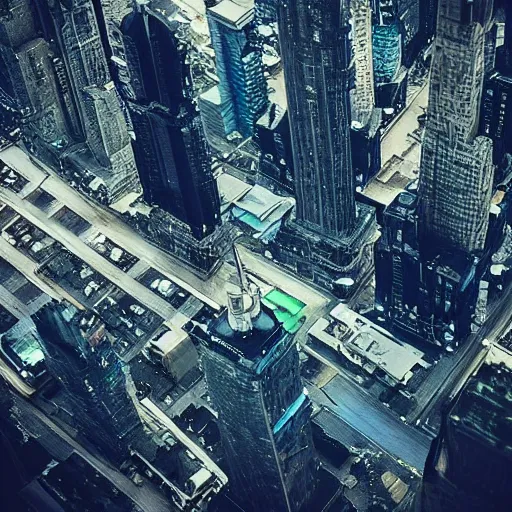 Image similar to “ looking down at a futuristic new york city below, ghostpunk, blade runner, storm clouds, rain, very detailed, realistic, 4 k ”