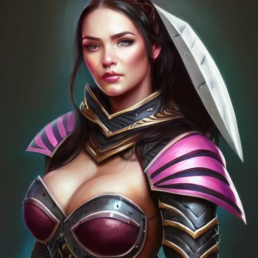 Prompt: a portrait of a very beautiful woman hunter in armor warcraft style armor. dark hair with stripes of pink, bored, illustration, soft lighting, soft details, painting oil on canvas by mark arian by artgerm, trending on artstation, 4k, 8k, HD - H 768