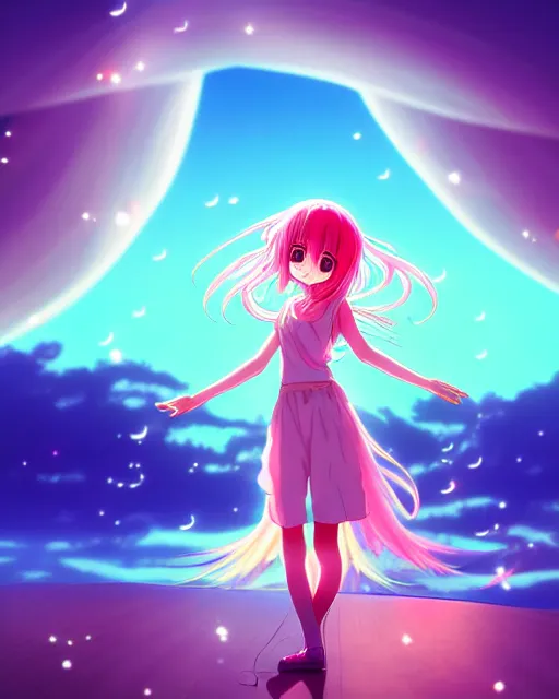 Image similar to anime style, vivid, full body, a cute girl with white skin and long pink wavy hair singing a song, heavenly, stunning, realistic light and shadow effects, happy, centered, landscape shot, happy, simple background, studio ghibly makoto shinkai yuji yamaguchi