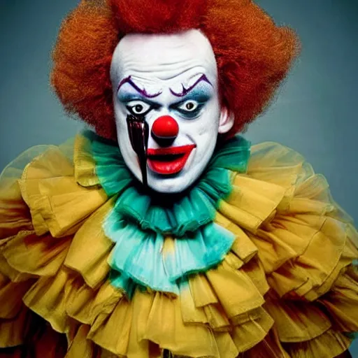 Image similar to uhd candid photo of krusty the clown wearing bizarre clown makeup, intricate clown costume. photo by annie leibowitz photorealistic hyperdetailed