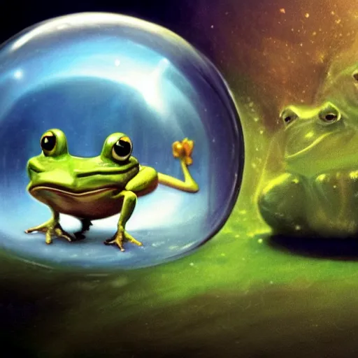 Prompt: medium close - up shot of a very cute alien frog sitting inside a giant glass sphere floating through space, concept art, by esao andrews, by m. w. kaluta, by pixar, volumetric light, rich colors, very humorous!!!, realistic reflections, smooth, depth perception, tilt shift, 4 k, unreal engine 5, artstation