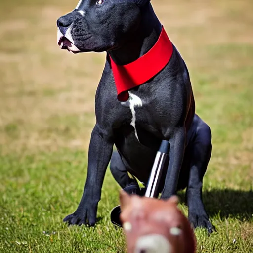 Prompt: red nose american pit bull holding a gun