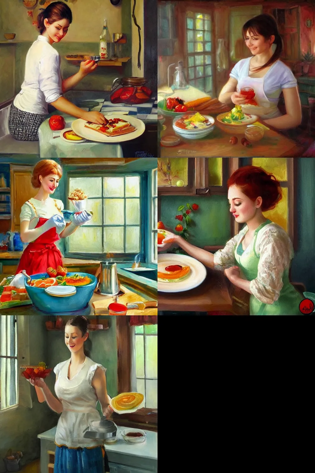 Prompt: beautiful young wife making breakfast for her husband, painting in the style of Volegov