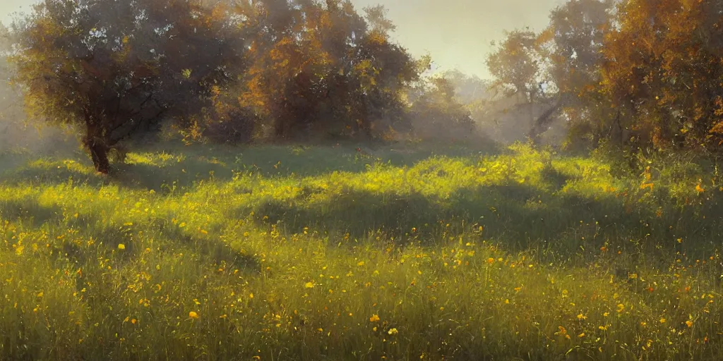 Image similar to a bright oil painting of a beautiful meadow; masterpiece; extremely-detailed; by Craig Mullins