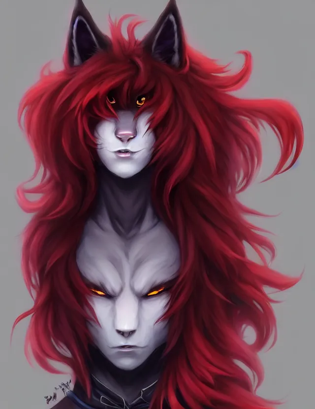 Image similar to character concept art of a black anthropomorphic male furry wolf long red hair | | cute - fine - face, pretty face, key visual, realistic shaded perfect face, fine details by stanley artgerm lau, wlop, rossdraws, james jean, andrei riabovitchev, marc simonetti, and sakimichan, trending on artstation