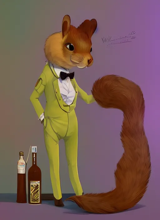 Image similar to squirrel anthro as a dapper bartender with a big, fluffy tail, retro futurism, art deco, detailed, painterly digital art by WLOP and Cory Loftis and Hans Baluschek, 🐿🍸🍋, furaffinity, trending on artstation