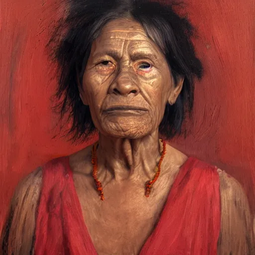 Image similar to a painting of a lantina elder woman by Lynette Yiadom-Boakye . details, smooth, sharp focus, illustration, realistic, cinematic, artstation, award winning, rgb , unreal engine, octane render, cinematic light, macro, depth of field, blur, red light and clouds from the back, highly detailed epic cinematic concept art CG render made in Maya, Blender and Photoshop, octane render, excellent composition, dynamic dramatic cinematic lighting, aesthetic, very inspirational, arthouse.