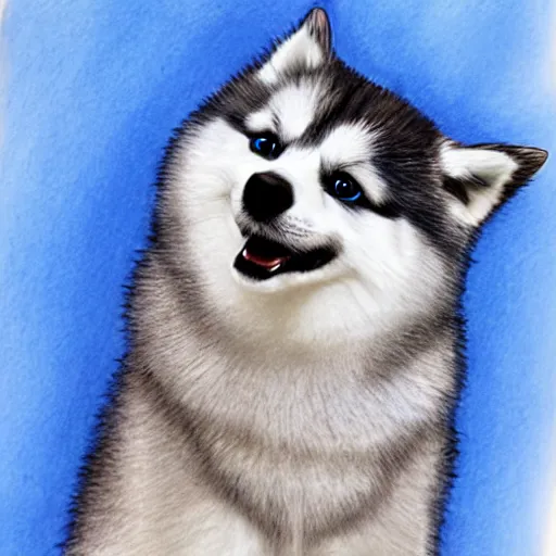 Image similar to a drawing of a Pomsky with blue eyes jumping