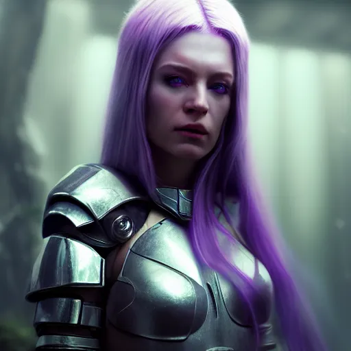 Image similar to an ultra realistic, cinematic, close up portrait, of a pale woman in sci - fi bionic crystal armor with purple ponytail, stoic, sylvanas windrunner, soft light, dreamy, facial features, detailed, deep focus, movie still, dramatic lighting, ray tracing, by michal karcz and yoshitaka