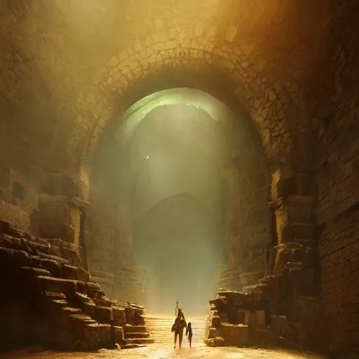 Image similar to Entrance to an ancient dungeon, ruins, ominous, low volumetric lighting, scenery, digital painting, highly detailed, artstation, sharp focus, illustration, concept art, ruan jia, steve mccurry