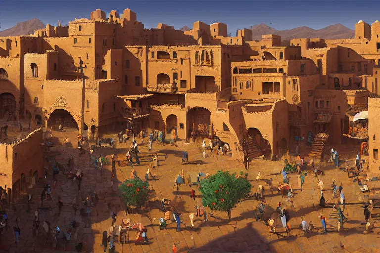 Image similar to in the middle of a adobe house kasbah town, mud and brick houses, merchant street, pueblo dense architecture, colorful crowd. Huge persian temple in a plaza, round roof. Scenic view at night, underexposed, clean horizon, matte painting by craig mullins and dan mumford, dark fantasy, style of game of thrones, concept art trending on artstation, 4k, insane details