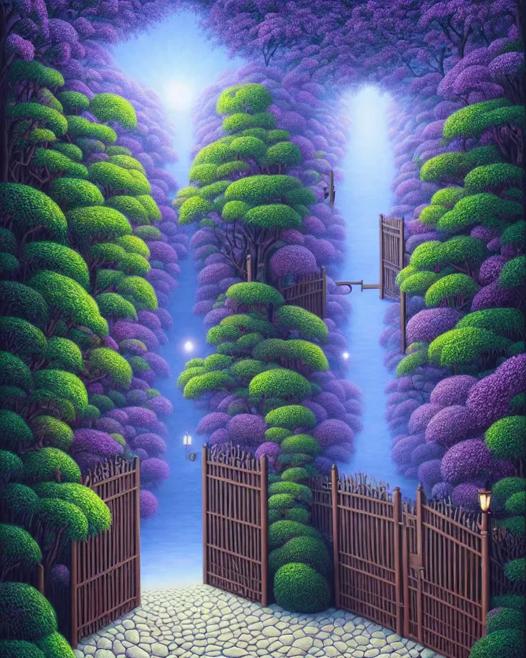 Image similar to hd painting of a dark garden, wooden gates, particles of magic by rob gonsalves, trending on artstation