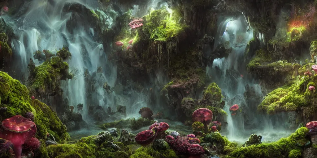 Image similar to tom bagshaw, mythical gigantic space cavern, soft painting 3 d render curiosities carnival pond vegetation rocks mushrooms and tentacles covered moss, luminescent wisps, stunning waterfall, accurate features, focus, very intricate ultrafine details, random volumetric lighting, fog, award winning masterpiece, octane render 8 k hd, artstation