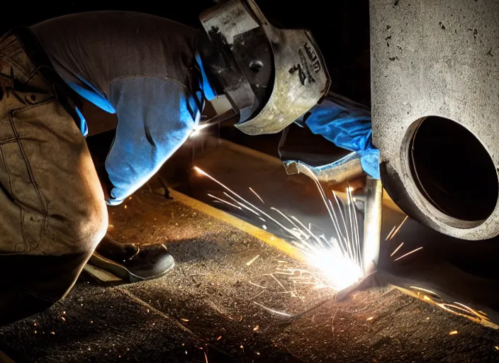 Image similar to welder in welding mask, hiding in drain pipe, ominous lighting