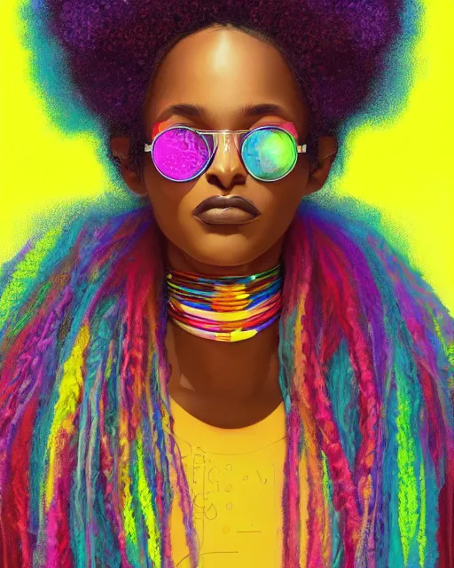 Prompt: colorful portrait of a black woman hippie wearing her hair in an afro, but set in the future 2 1 5 0 | highly detailed | very intricate | symmetrical | professional model | cinematic lighting | award - winning | painted by mandy jurgens | pan futurism, dystopian, bold psychedelic colors, cyberpunk, anime aesthestic | featured on artstation