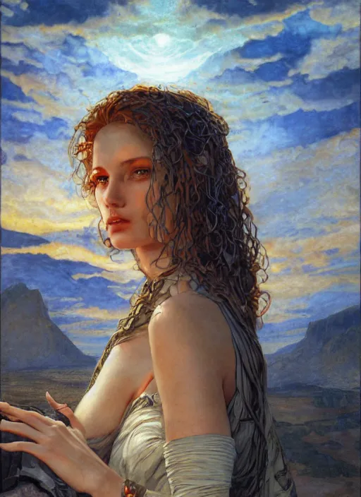 Image similar to biblical shy beautiful female druid android, heavy eyes to the side, closeup, bright glowing veins, in clouds, sunset, portrait, by gerald brom, by mikhail vrubel, by peter elson, muted colors, extreme detail, reflections, trending on artstation, 8 k