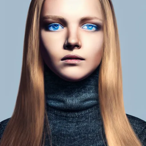 Image similar to High-Quality photorealistic portrait of a young thin girl, blue eyes, blonde hair, wearing a black turtle neck, face center close-up, realistic colors