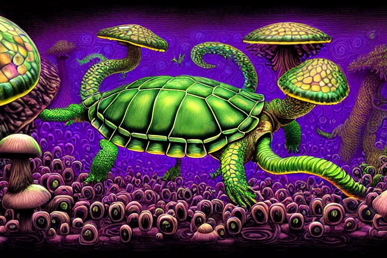 Image similar to a detailed digital art painting of a cell shaded cyberpunk ornate magick oni dragon with occult futuristic effigy of a beautiful field of mushrooms that is a adorable turtle atomic latent snakes in between ferret biomorphic molecular psychedelic hallucinations in the style of escher, alex grey, stephen gammell inspired by realism, symbolism, magical realism and dark fantasy, crisp