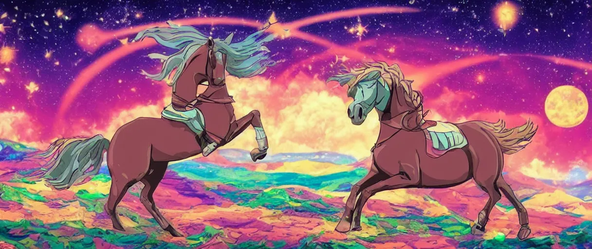 Prompt: a horse riding across the stars on a big pizza, comic style, colorful, 4 k, high details, vaporwave