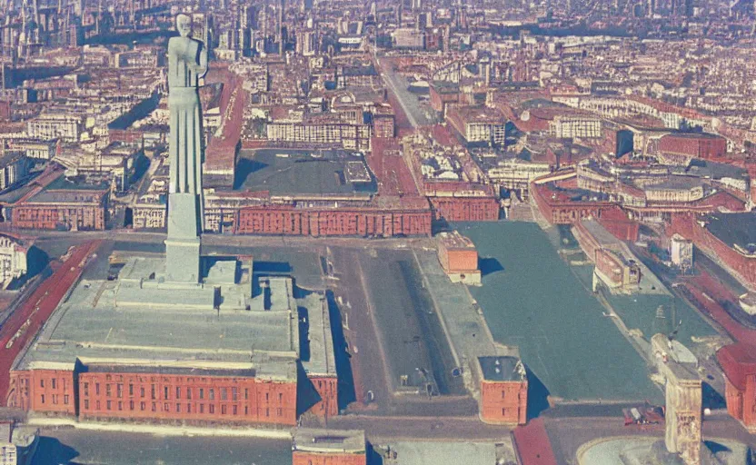 Prompt: high quality 2000s historic footage of a soviet square with a great lenin statue with stanilist style high rise and pedestrians, color aerial photo drone, Cinestill 800t, heavy grainy picture, very detailed, high quality, 4k panoramic