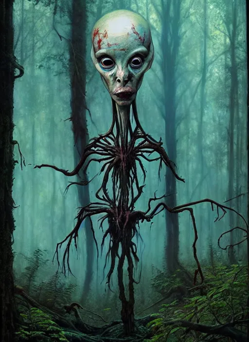 Image similar to hyper realistic spooky alien in the woods in a river gorgeous lighting, lush forest foliage blue sky a hyper realistic painting by chiara bautista and beksinski and norman rockwell and greg rutkowski, tom bagshaw weta studio, and lucasfilm