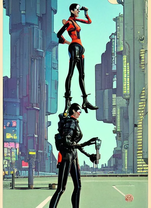 Image similar to cyberpunk traffic cop on stilts. distopian. portrait by mœbius and will eisner and gil elvgren and pixar. realistic proportions. cyberpunk 2 0 7 7, apex, blade runner 2 0 4 9 concept art. cel shading. attractive face. thick lines.