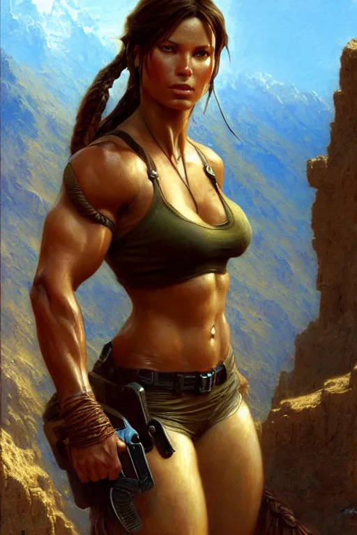 Image similar to muscular sweat lara croft, highly detailed painting by gaston bussiere, craig mullins, j. c. leyendecker 8 k