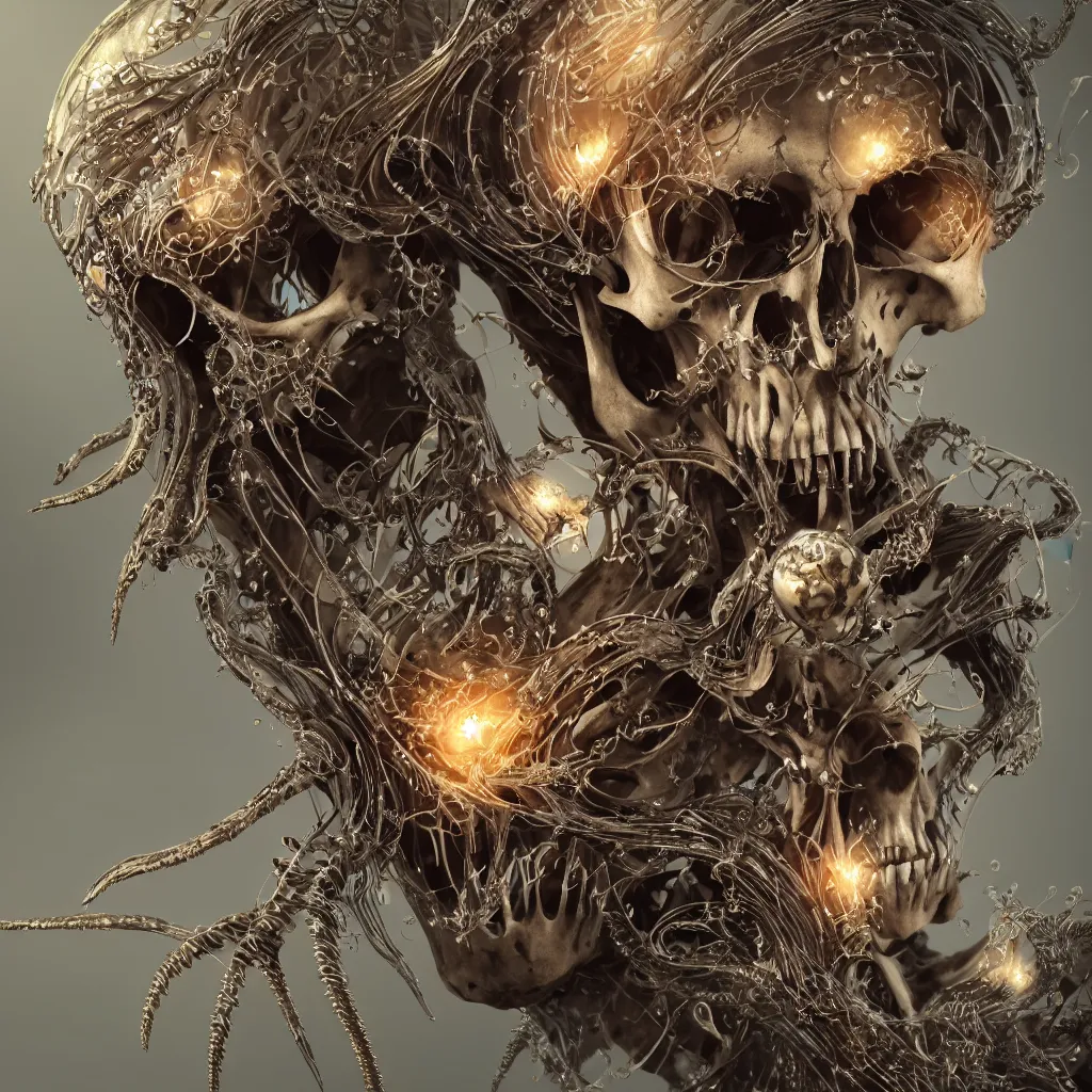 Image similar to close-up macro portrait of the face of a beautiful princess with animal skull mask, epic angle and pose ribcage skeleton, symmetrical artwork, 3d with depth of field, blurred background, cybernetic jellyfish female face skull phoenix bird, translucent, nautilus, energy flows of water and fire. a highly detailed epic cinematic concept art CG render. made in Maya, Blender and Photoshop, octane render, excellent composition, cinematic dystopian brutalist atmosphere, dynamic dramatic cinematic lighting, aesthetic, very inspirational, arthouse. y Greg Rutkowski, Ilya Kuvshinov, WLOP, Stanley Artgerm Lau, Ruan Jia and Fenghua Zhong