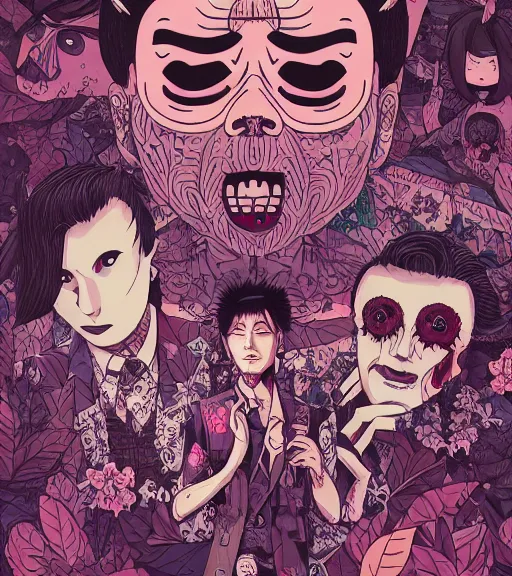 Image similar to portrait, nightmare anomalies, leaves with yakuza by miyazaki, violet and pink and white palette, illustration, kenneth blom, mental alchemy, james jean, pablo amaringo, naudline pierre, contemporary art, hyper detailed