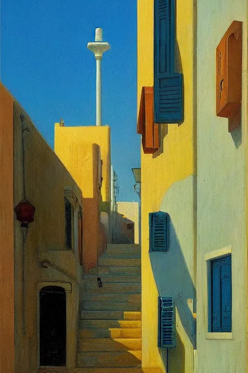 Prompt: eerie street in Tel Aviv Jaffa, Israel, solar water heating and antenna on the roofs, laundry drying under the windows, victor Nizovtsev, edward hopper, giorgio di chirico