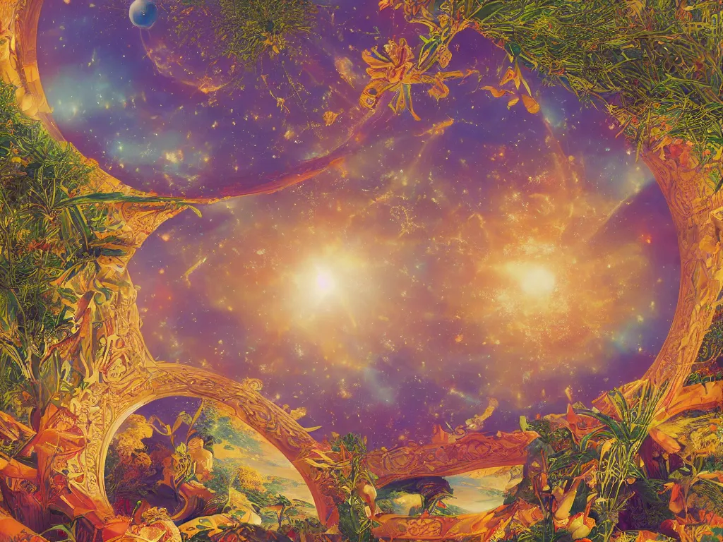 Image similar to sunlight study, the universe is a spheroid region 7 0 5 meters in diameter, art nouveau, by maria sibylla merian and ( ( ( ( ( lisa frank ) ) ) ) ), 8 k, sharp focus, octane render, kauai