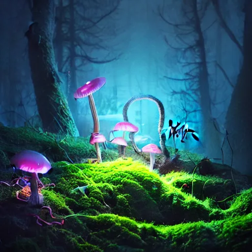 Prompt: a beautiful macro photography of luminescence moss with fungus and neon mushroom with real little bugs and giant ants, hyper detailed, warm volumetric lights, made by gerald brom and mike winkelmann, photorealism
