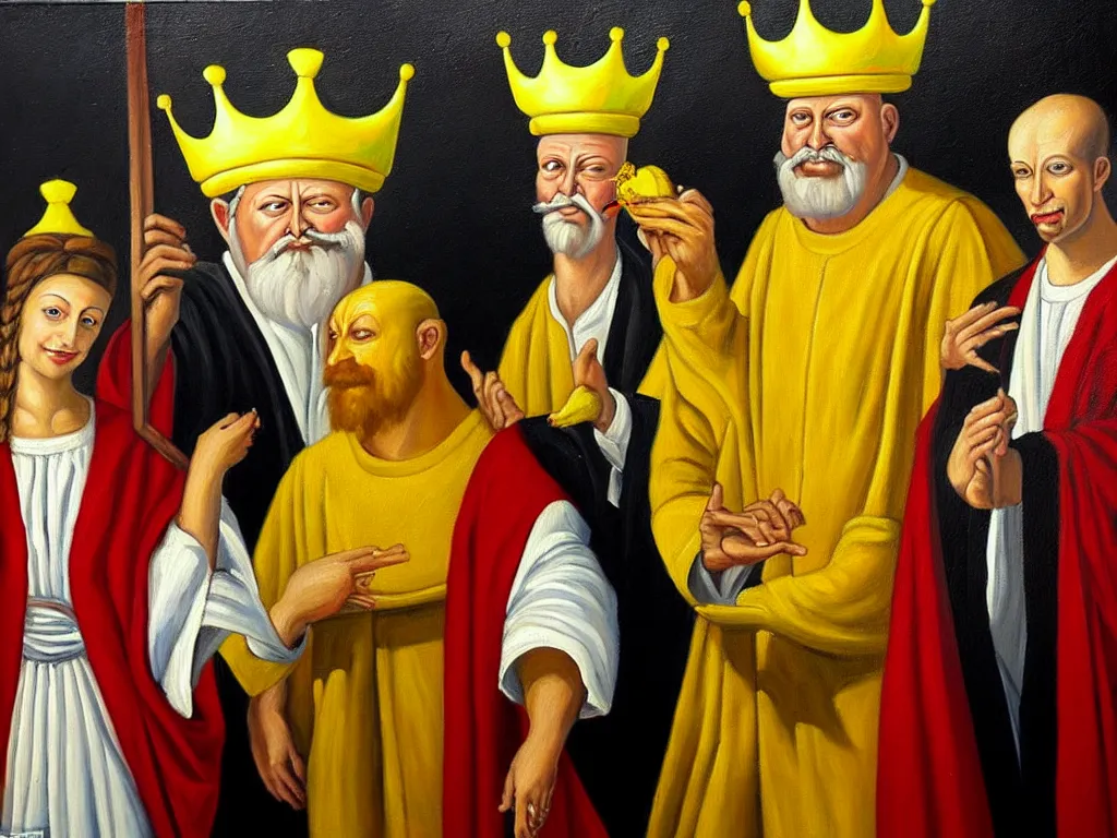 Prompt: a classic and popular painting known as the banana king judges with a divine ⚖, a painting in a fine canvas is displayed on a clean wall