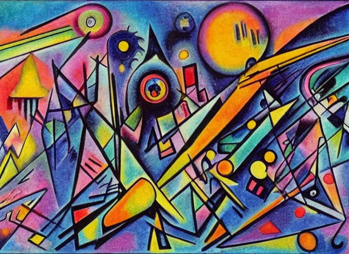 Prompt: 🪐☄⚡🌙, lowbrow, in the style of kandinsky, giger