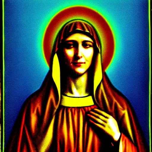 Image similar to vhs static overlay of virgin mary, vhs, 1 9 9 0, highly realistic, highly detailed, vhs noise static