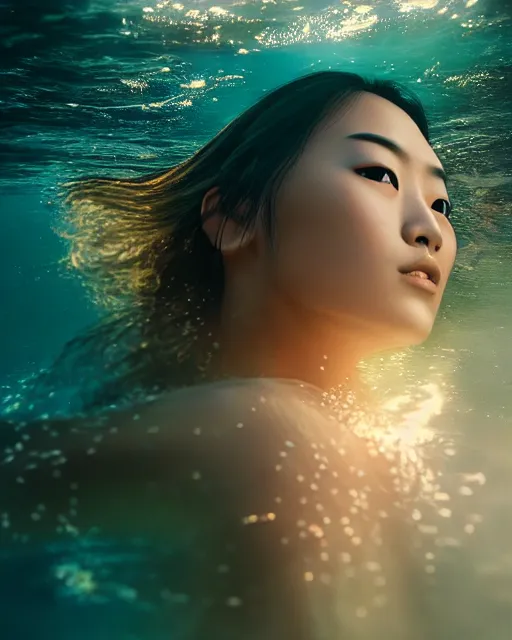 Prompt: portrait of asian woman underwater during sunrise, sunrays, aquaman aesthetic, caustics, rippling water, photoshoot, long flowing hair, haunting eyes, iconic, fine-art, masterpiece, cinematic, trending on artstation, photorealistic