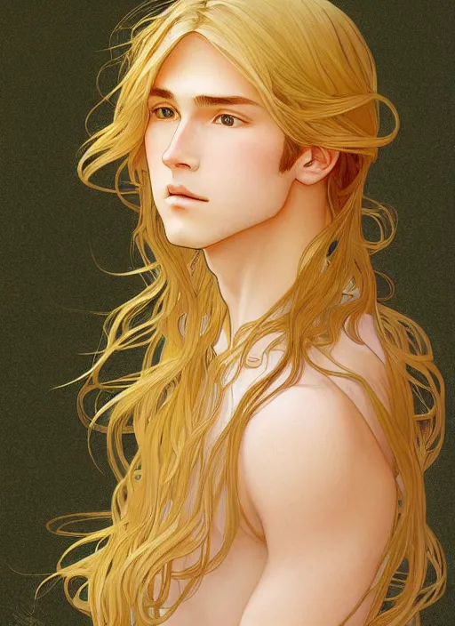 Prompt: pretty young man with shoulder length shiny shimmering golden blond hair, path traced, highly detailed, high quality, digital painting, by studio ghibli and alphonse mucha, leesha hannigan, beautiful details, soft and warm