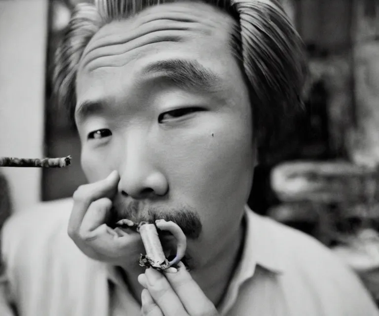 Image similar to hyperralism pineapple express movie still photography of real detailed north korean kim chen with detailed face smoking detailed weed joint in basement bedroom photography by araki nobuyoshi