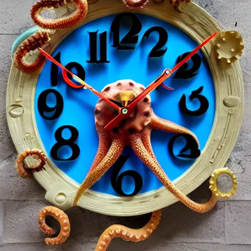 Prompt: octopus clock, real tentacles, professional product photo