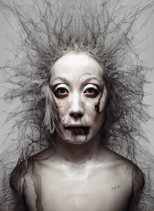 Image similar to expressive face potrait photo of a clothed butoh dancer, glamour shot, by jenny saville, by stefan gesell, photorealistic, canon r 3, fashion photography, hyper maximalist, elegant, ornate, luxury, elite, environmental portrait, symmetrical features, octane render, unreal engine, solid dark grey background, dramatic lights