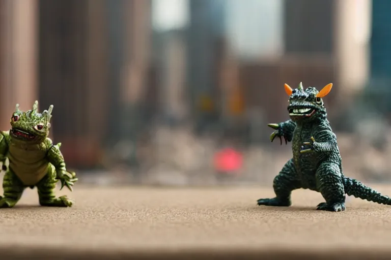 Prompt: film still of tiny godzilla fighting in a little model of new york city in the new godzilla ant man crossover movie, macro lens