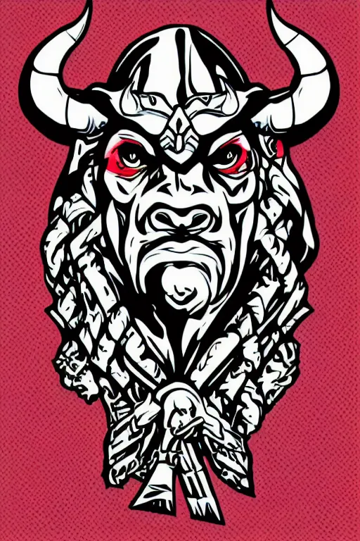 Image similar to A portrait of a bull as evil warlord general, sticker, Anthropomorphized, portrait, highly detailed, colorful, illustration, smooth and clean vector curves, no jagged lines, vector art, smooth