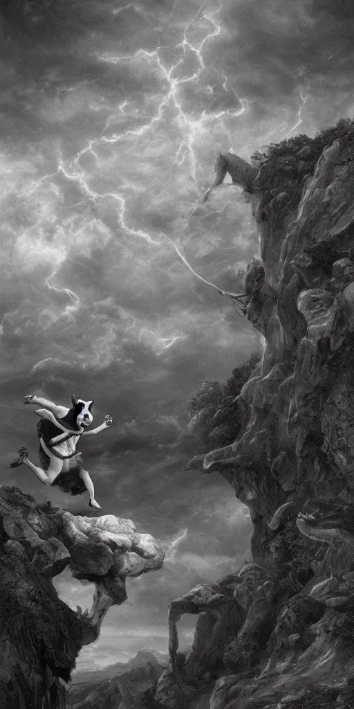 Prompt: The Fool tarot illustration, matte painting, black and white, small dog chasing after him, cliffs