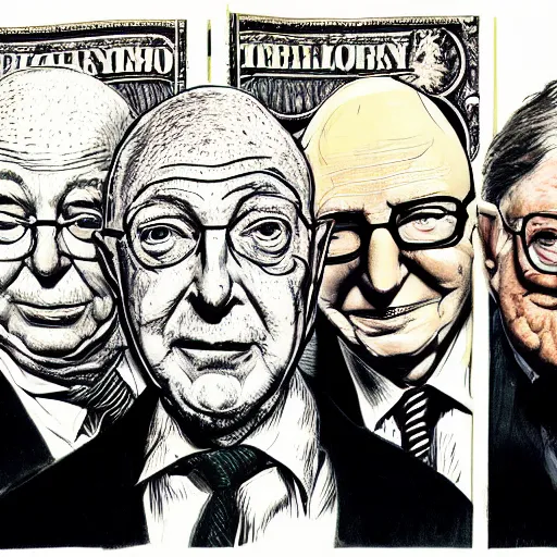 Prompt: Jacob Rothschild and george soros and bill gates and Klaus Schwab by Ralph Steadman illustration dollar bills, body horror, evil, scribbles biopunk, 8k , trending on artstation