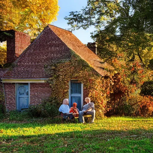 Image similar to impossibly beautiful photo of a brick house, with overgrown vines and foliage, all turning colors in autumn, with elderly couple sitting out front, relaxing at Golden hour, 4k, super detailed textures, high dynamic range