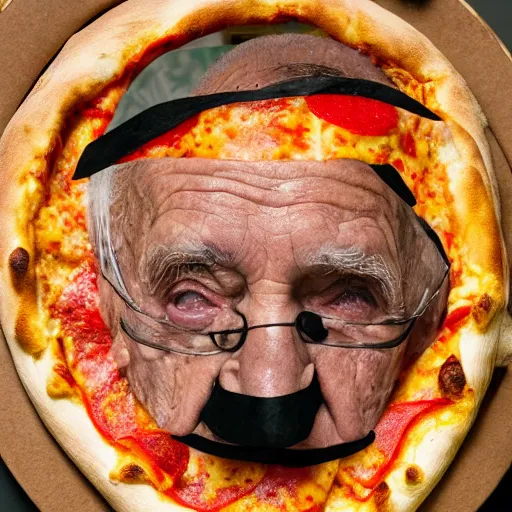 Prompt: an elderly man wearing a mask made from a pizza, bold natural colors, national geographic photography, masterpiece, 8 k, raw, unedited, symmetrical balance