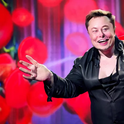 Image similar to elon musk singing with a microphone on americas got talent, tomatoes and anchors being thrown at him, 4 k photograph