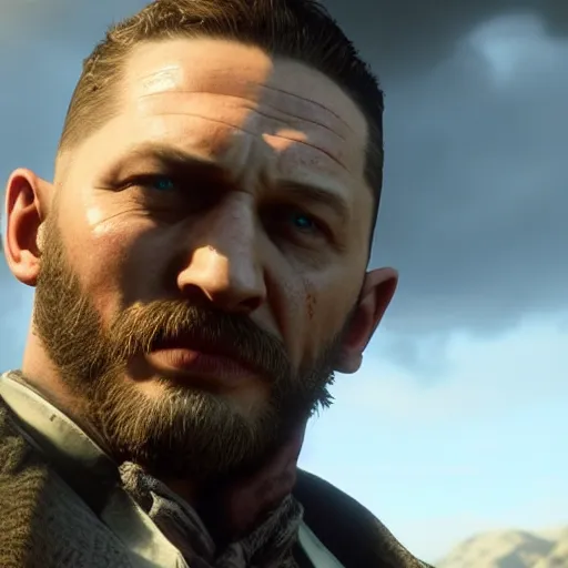 Prompt: Film still of Tom Hardy, from Red Dead Redemption 2 (2018 video game)