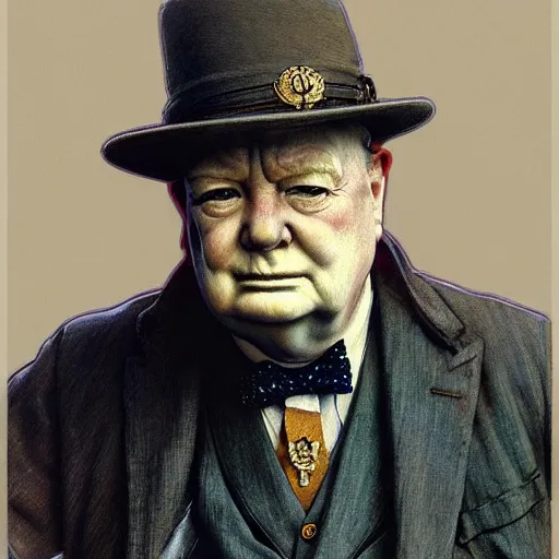 Image similar to full portrait of patton oawalt as winston churchill, fantasy, d & d, intricate, detailed, by by alphonse mucha, adolfo hohenstein, alice russell glenny, stanley artgerm lau, greg rutkowski, detailed, trending on artstation, trending on artstation, smooth