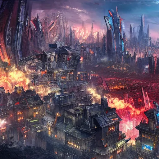 Image similar to anarchy city destroyed, high detail, fantasy art, concept art, 4 k, ultra detail, computer art